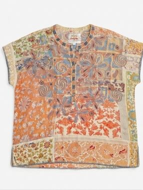 Johnny Was Embroidered Patchwork Blouse Silk Women Multicolor Sedona Museum Chic